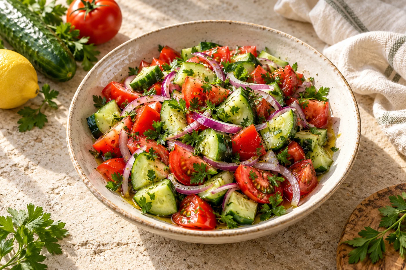 Fresh cucumber tomato salad with red onion, parsley and lemon dressing in a ceramic bowl